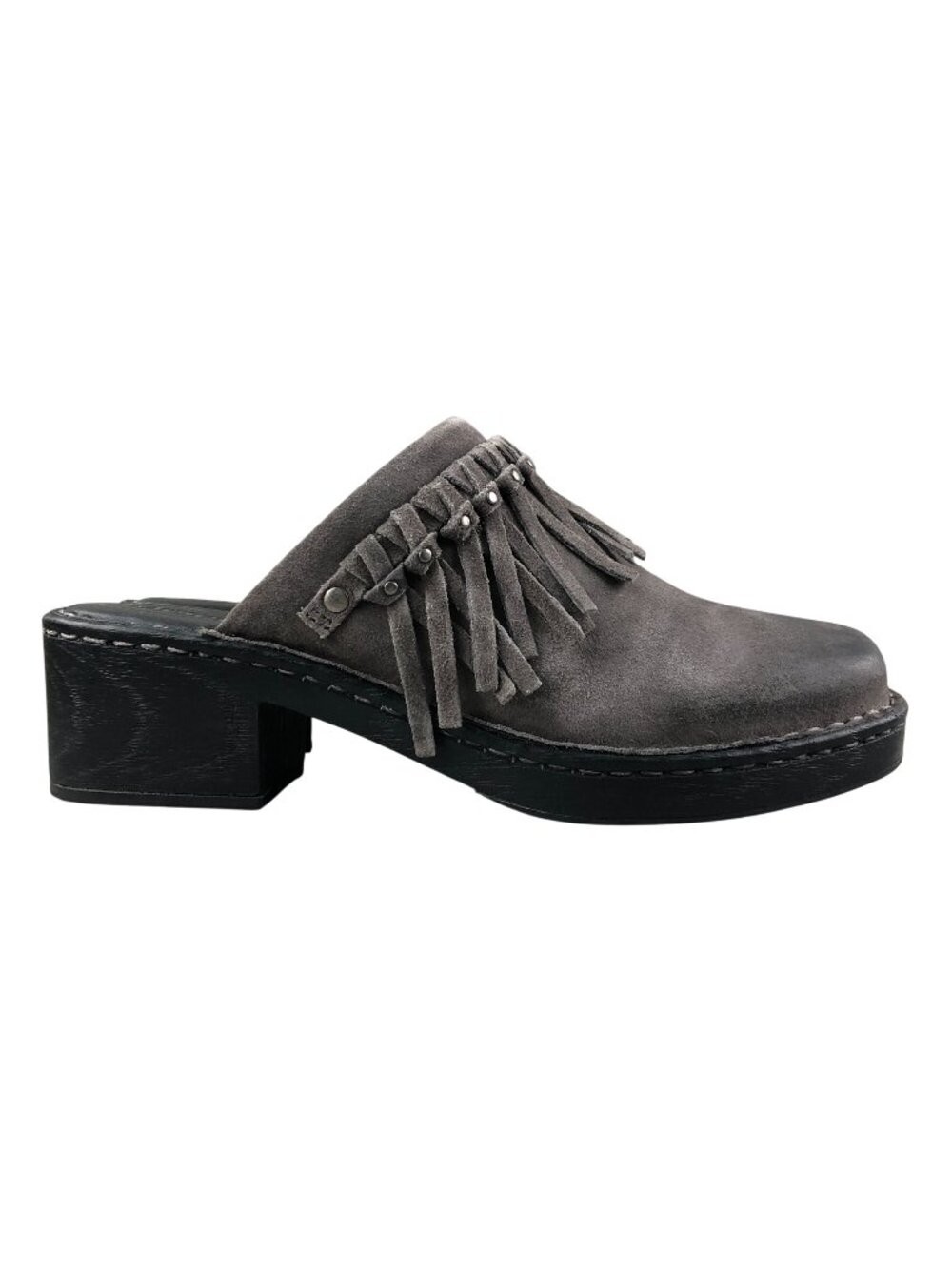 Born Women's Size 9M Harmony Dark Grey Leather Fringe Slip On Heeled Mules Clogs